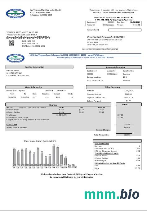 Usa California Las Virgenes Miejski Water District rachunek za usługi komunalne szablon w formacie Word i PDF